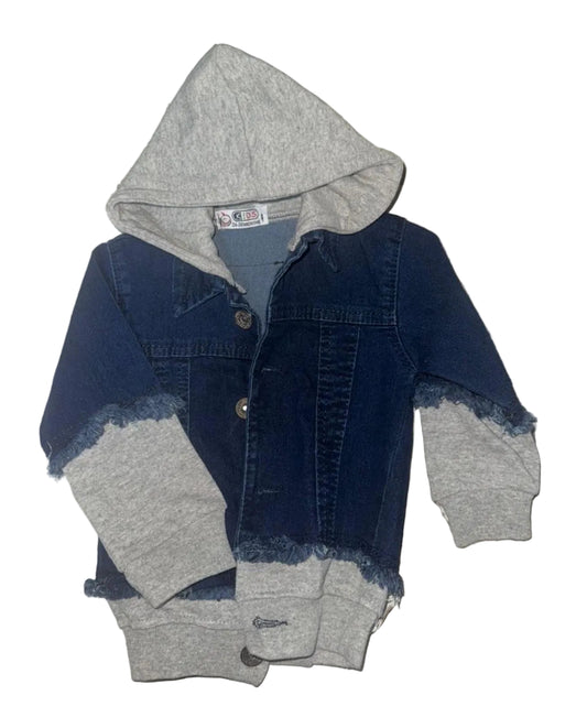A children's hooded jacket with a dark blue denim body and hood, paired with heather gray sleeves and hem, laid flat on a white marble-patterned surface.